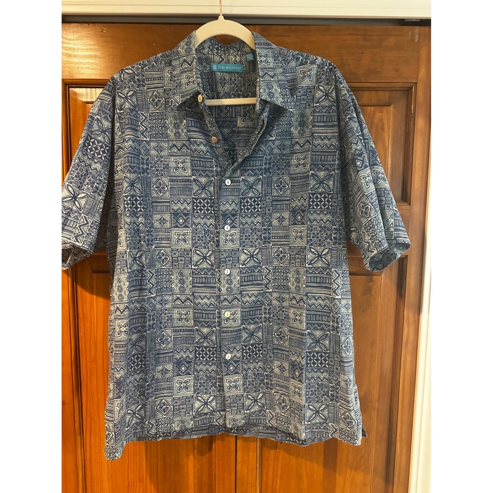 Tori Richard Mens Blue Cotton Lawn Geometric Tribal Aloha Shirt Hawaiian Size M
